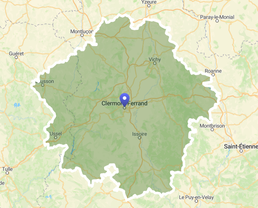 Déplacement en Auvergne Zone de déplacement autour de Clermont-Ferrand, dans le Puy-de-Dôme, Allier, Cantal, Haute-Loire, Loire, Creuse et Corrèze